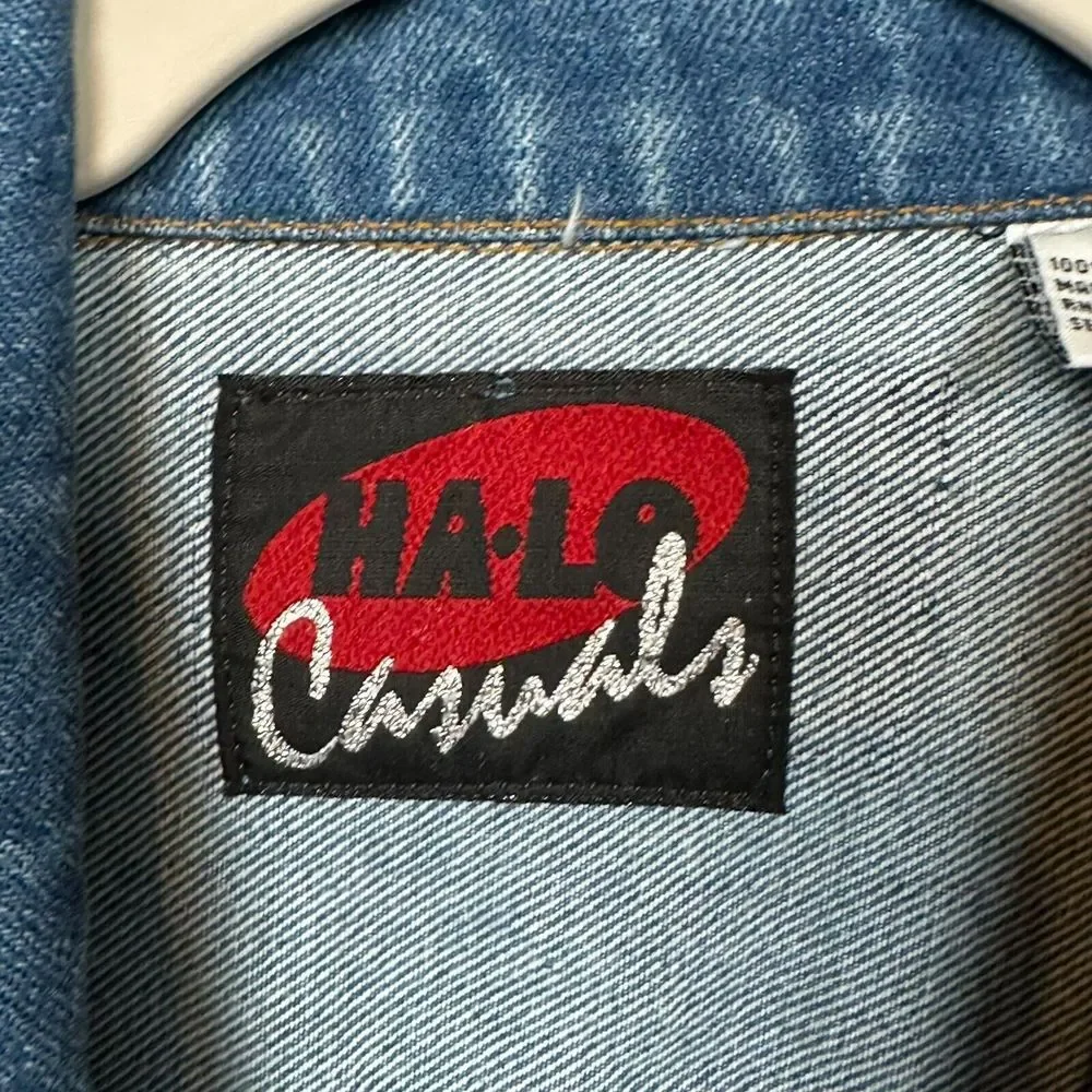 VTG Halo Casuals Denim Trucker Jacket XL Blue Embroidered Eagle‎ First American